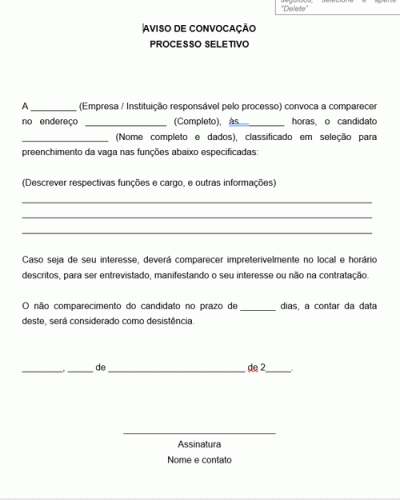 Modelo de Convocação comunicando classificação em processo seletivo