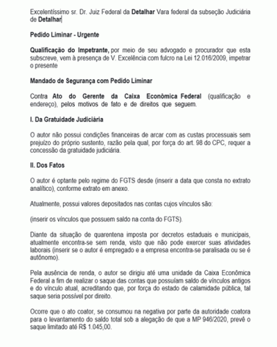 Modelo de Petição de Saque Integral FGTS com Base na Pandemia COVID-19