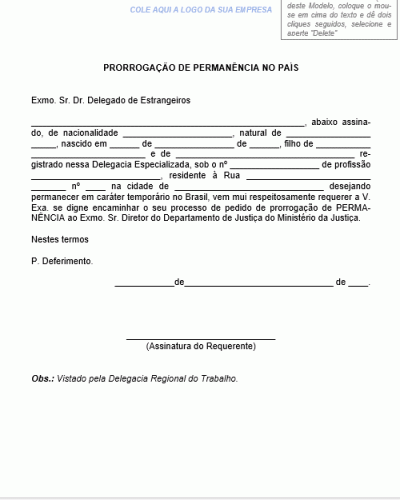 Modelo de Requerimento - Prorrogação de Permanência no País