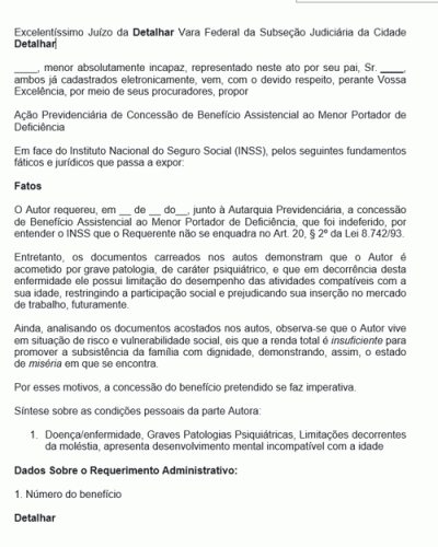 Modelo de Petição Inicial de Concessão de Benefício Assistencial ao Menor Portador de Deficiência