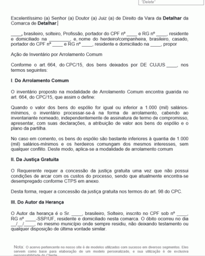 Modelo de Petição Inicial de Inventário - Arrolamento Comum - Art. 664, do CPC-15