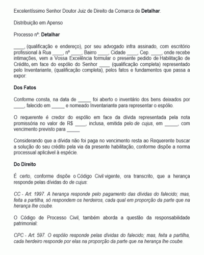 Modelo de Petição Inventário - Habilitação de Credor