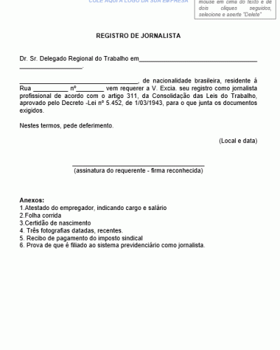 Modelo de Requerimento - Registro de Jornalista