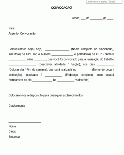 Modelo de Convocação para funcionário