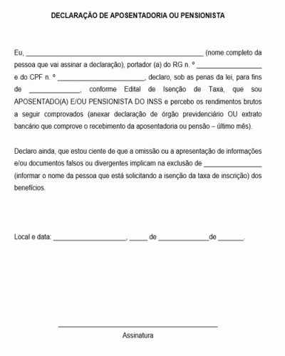 Modelo de Declaração de Aposentadoria ou Pensionista