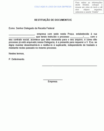 Modelo de Requerimento - Restituição de Documentos