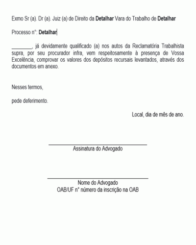 Modelo de Petição Para Informar Levantamento de Depósito Recursal