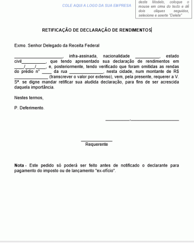 Modelo de Requerimento - Retificação de Declaração de Rendimentos