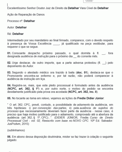 Modelo de Petição de Juntada de Atestado Médico - Doença - Adiamento de Audiência