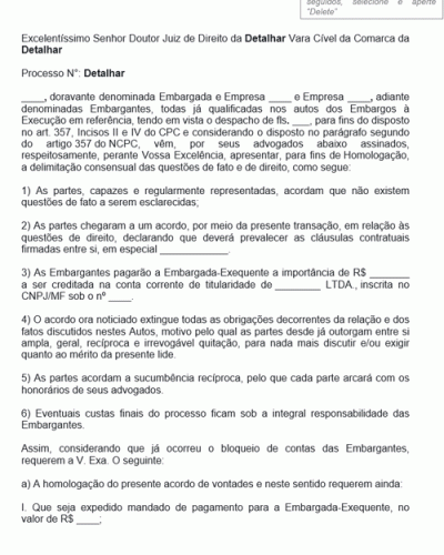 Modelo de Petição de Homologação e Delimitação Consensual das Questões de Fato e de Direito