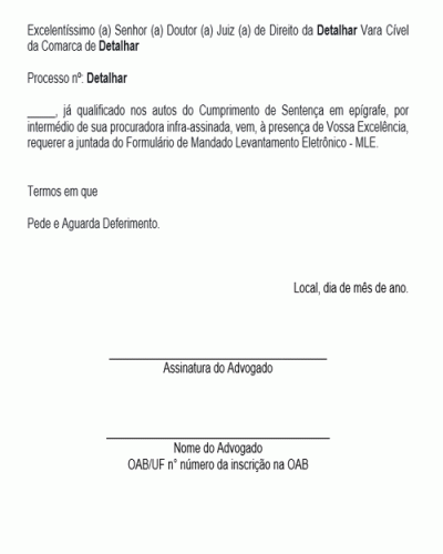 Modelo de Petição Juntada de Formulário de Mandando de Levantamento Eletrônico - MLE