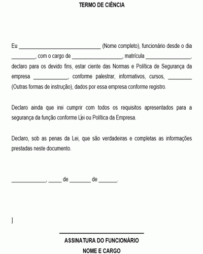 Modelo de Termo de Ciência sobre cumprimento da Política de Segurança da Empresa