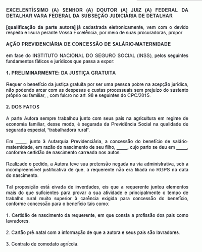 Modelo de Petição Inicial para Concessão de Salário Maternidade Rural