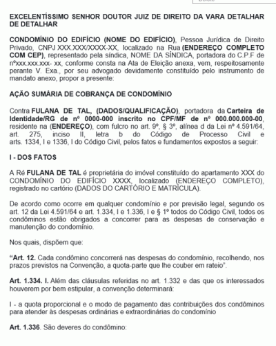 Modelo de Petição Inicial sobre Ação Sumária de Cobrança de Condomínio Atípico