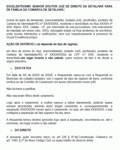 Modelo de Petição Inicial - Ação de Divorcio Local Incerto e não Sabido