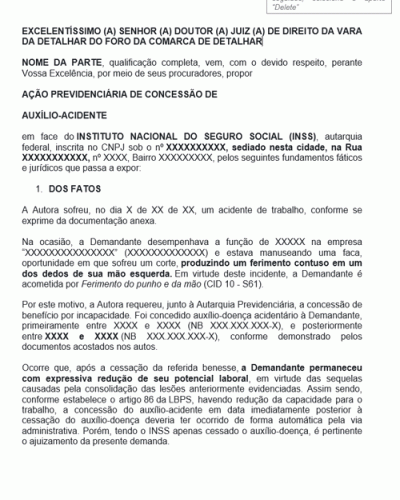 Modelo de Petição Inicial de Concessão de Auxílio Acidente de Trabalho