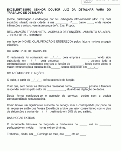 Modelo de Petição Reclamação Trabalhista - Acúmulo de Funções - Aumento Salarial - Hora Extra - Domingo