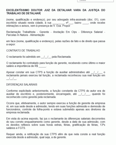 Modelo de Petição Reclamação Trabalhista - Gerente - Anotação Em Ctps - Diferença Salarial - Parcelas In Natura - Alimentação