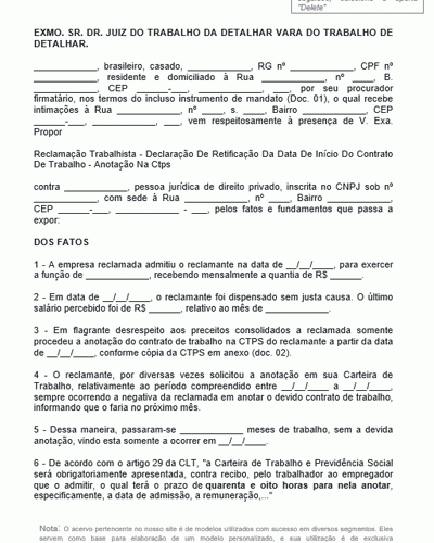 Modelo de Petição Retificação Da Data De Início Do Contrato De Trabalho - Anotação Na CTPS