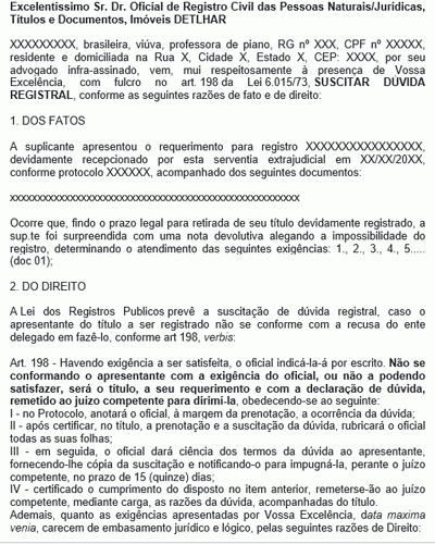 Modelo de Petição Suscitação de Dúvida Registral Junto ao Cartório Extrajudicial