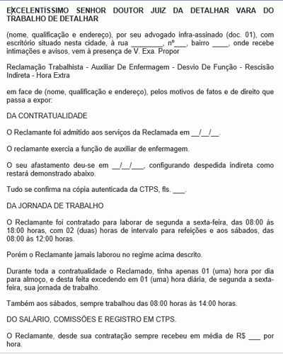 Modelo de Petição Reclamação Trabalhista - Auxiliar De Enfermagem - Desvio De Função