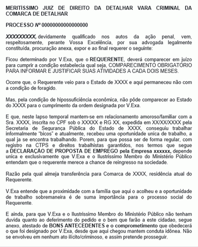 Modelo de Petição de Troca de Comarca para Comparecimento Obrigatório para Informar e Justificar Atividades