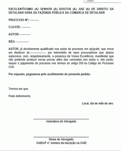 Modelo de Petição Informando ao Juiz que não Pretende Produzir Novas Provas no Processo