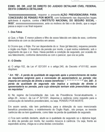 Modelo de Petição Ação de Concessão de Pensão por Morte Requerida por Filho Menor