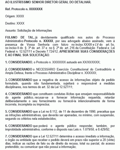 Modelo de Petição Pedido de Informações à Administração Pública e o não Fornecimento no Prazo Legal