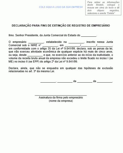 Modelo de Requerimento - Declaração para Fins de Extinção de Registro de Empresário