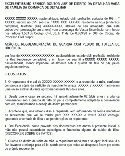 Modelo de Petição de Guarda Unilateral com Pedido de Tutela de Urgência de Acordo com o Novo CPC