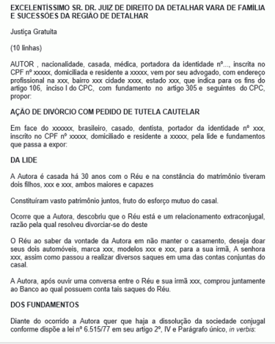 Modelo de Petição Ação de Divórcio com Pedido de Tutela Cautelar