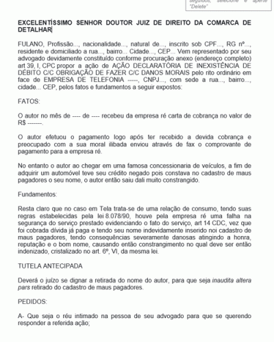 Modelo de Petição Inicial - Ação Declaratória de Inexistência de Débito CC Obrigação de Fazer CC Danos Morais