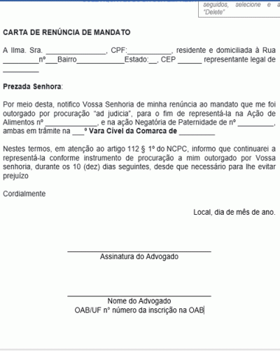 Modelo de Petição Carta para Cliente a Fim de Renunciar ao Mandato Outorgado