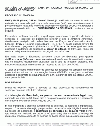 Modelo de Petição Cumprimento de Sentença em Desfavor da Fazenda Pública com Pedido de Penhora On-Line