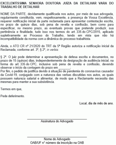 Modelo de Petição Notificação da Reclamada para Apresentar Defesa Durante a Pandemia