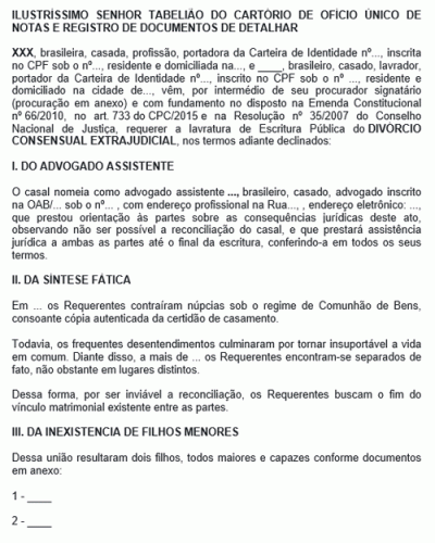 Modelo de Petição Divórcio Consensual Extrajudicial