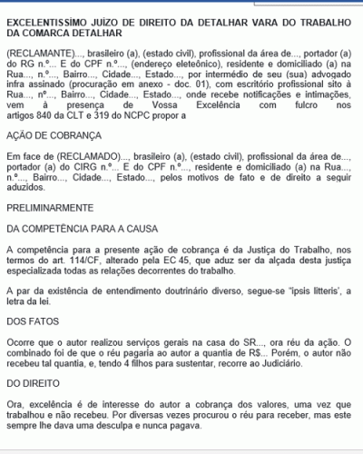 Modelo de Petição Ação de Cobrança em Face de Prestação de Serviços