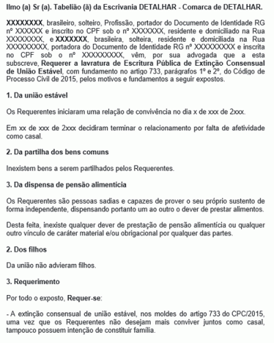 Modelo de Petição Requerimento Extrajudicial de Extinção de União Estável - Novo CPC