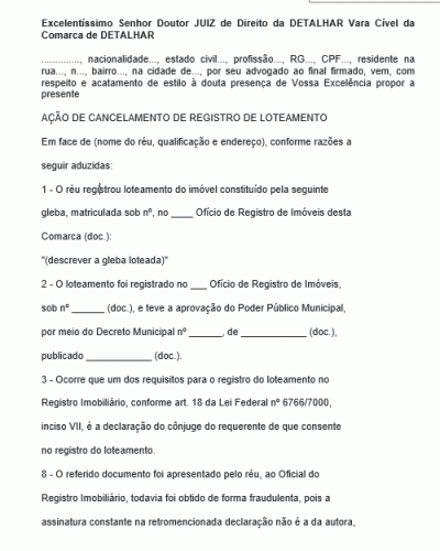 Modelo de Petição Ação de Cancelamento de Registro de Loteamento