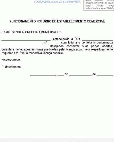 Modelo de Requerimento - Funcionamento Noturno do Estabelecimento Comercial