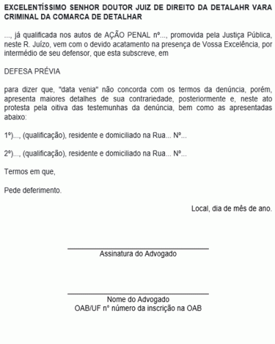 Modelo de Petição Defesa Prévia - Pedido de Prova Testemunhal