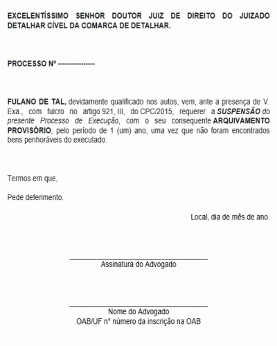 Modelo de Petição Pedido de Suspensão de Processo de Execução CC Arquivamento Provisório