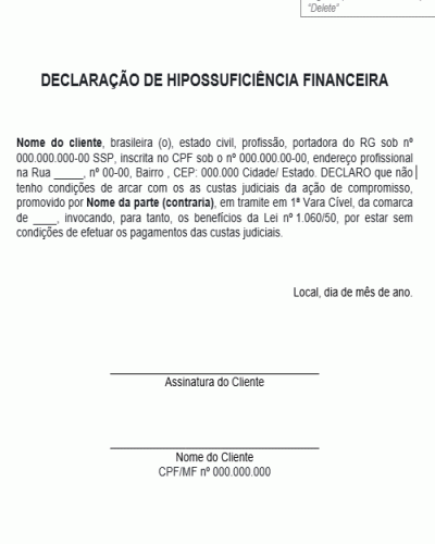 Modelo de Declaração de Hipossuficiência Financeira