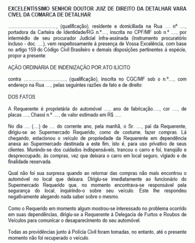 Modelo de Petição Ação de Indenização por Veículo Furtado em Estacionamento de Supermercado