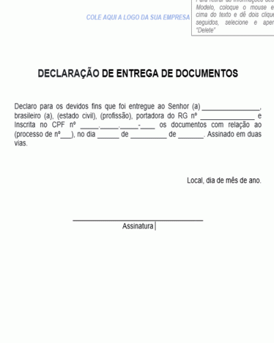 Modelo de Declaração de Entrega de Documentos