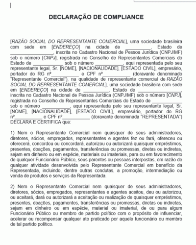 Modelo de Declaração de Compliance - Representante Comercial