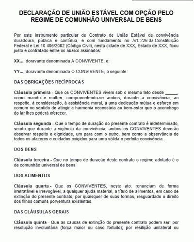 Modelo de Declaração de União Estável com Opção pelo Regime de Comunhão Universal de Bens