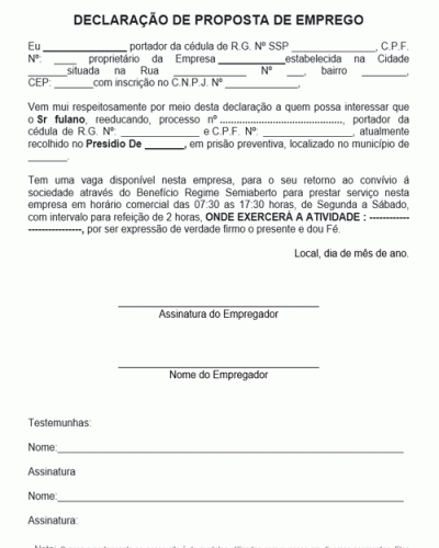 Modelo de Declaração de Emprego para Condenado em Regime Semi Aberto