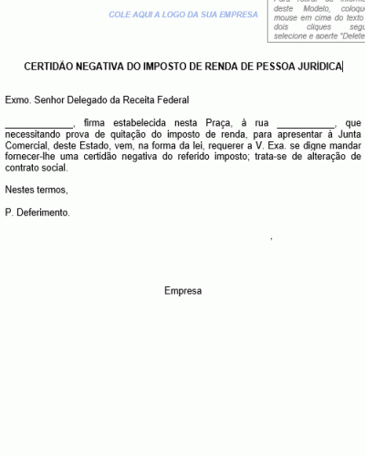 Modelo de Requerimento - Certidão Negativa do Imposto de Renda de Pessoa Jurídica